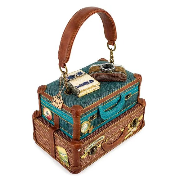 Mary Frances Baggage Claim Beaded Suitcase Handbag Brown Blue Bag Tour Purse NEW - Picture 2 of 9